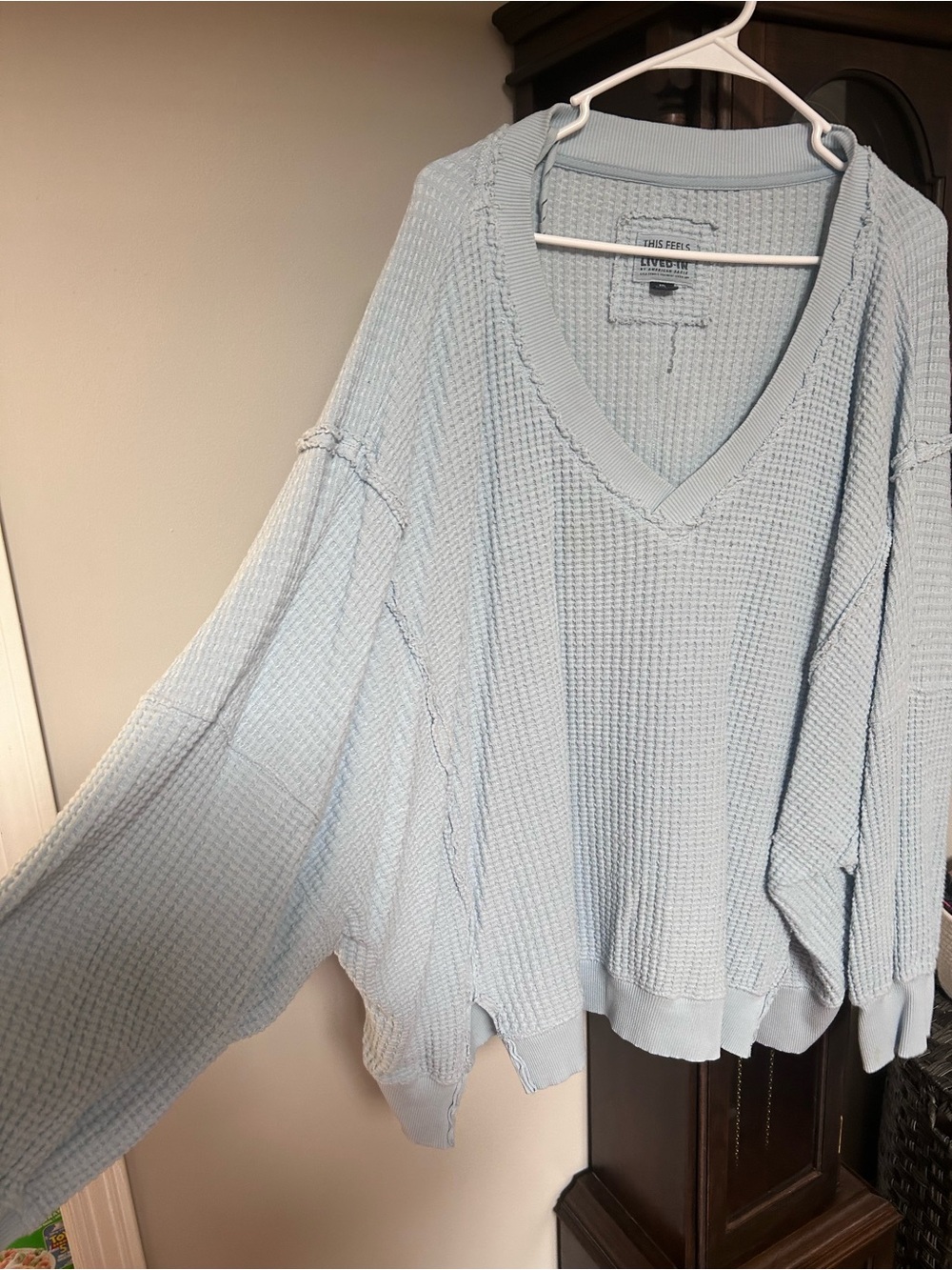 American Eagle Outfitters Light Blue V-Neck Waffle Knit Sweater